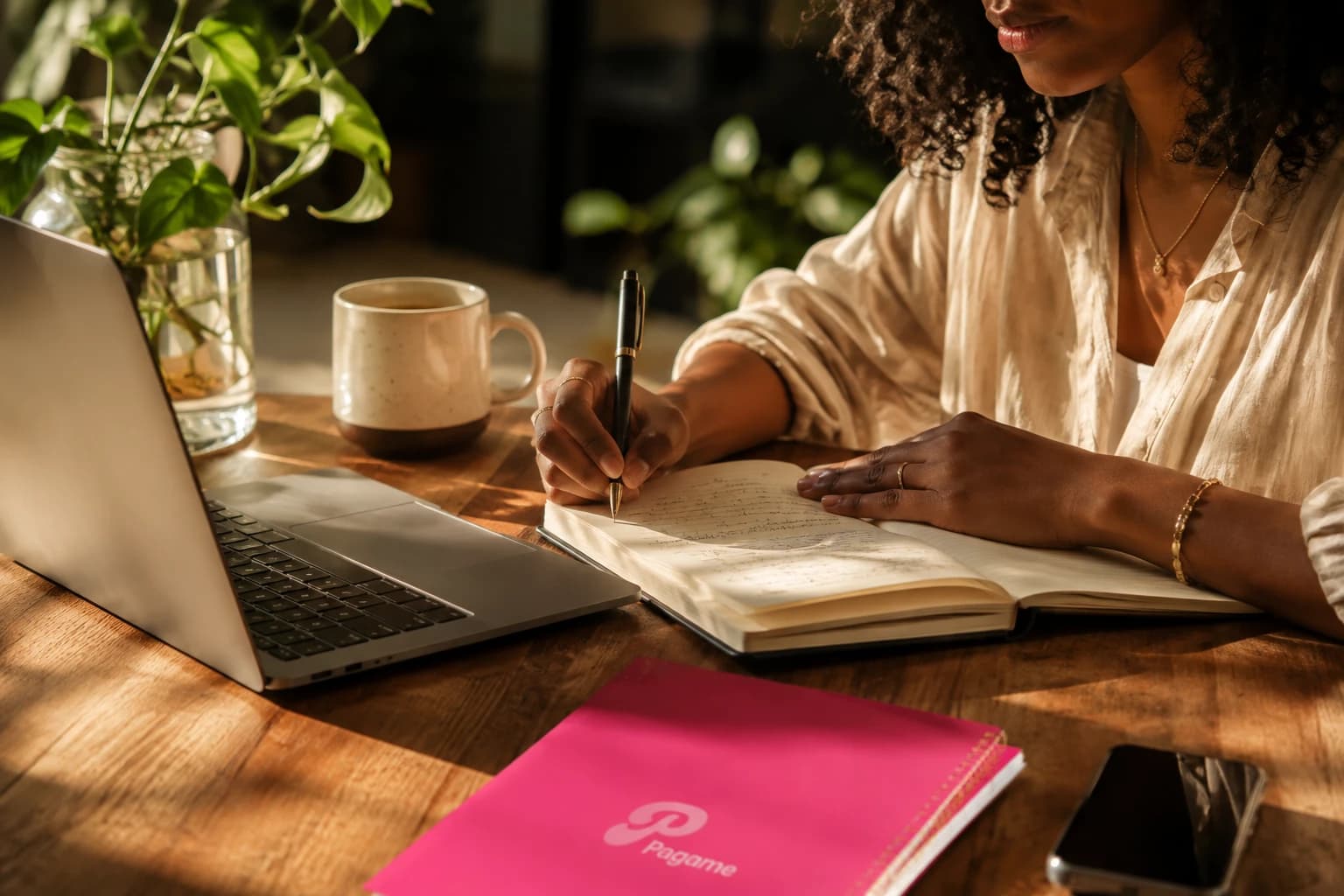 A woman writing in her notebook at a warm wooden table, a pink Págame folder beside her