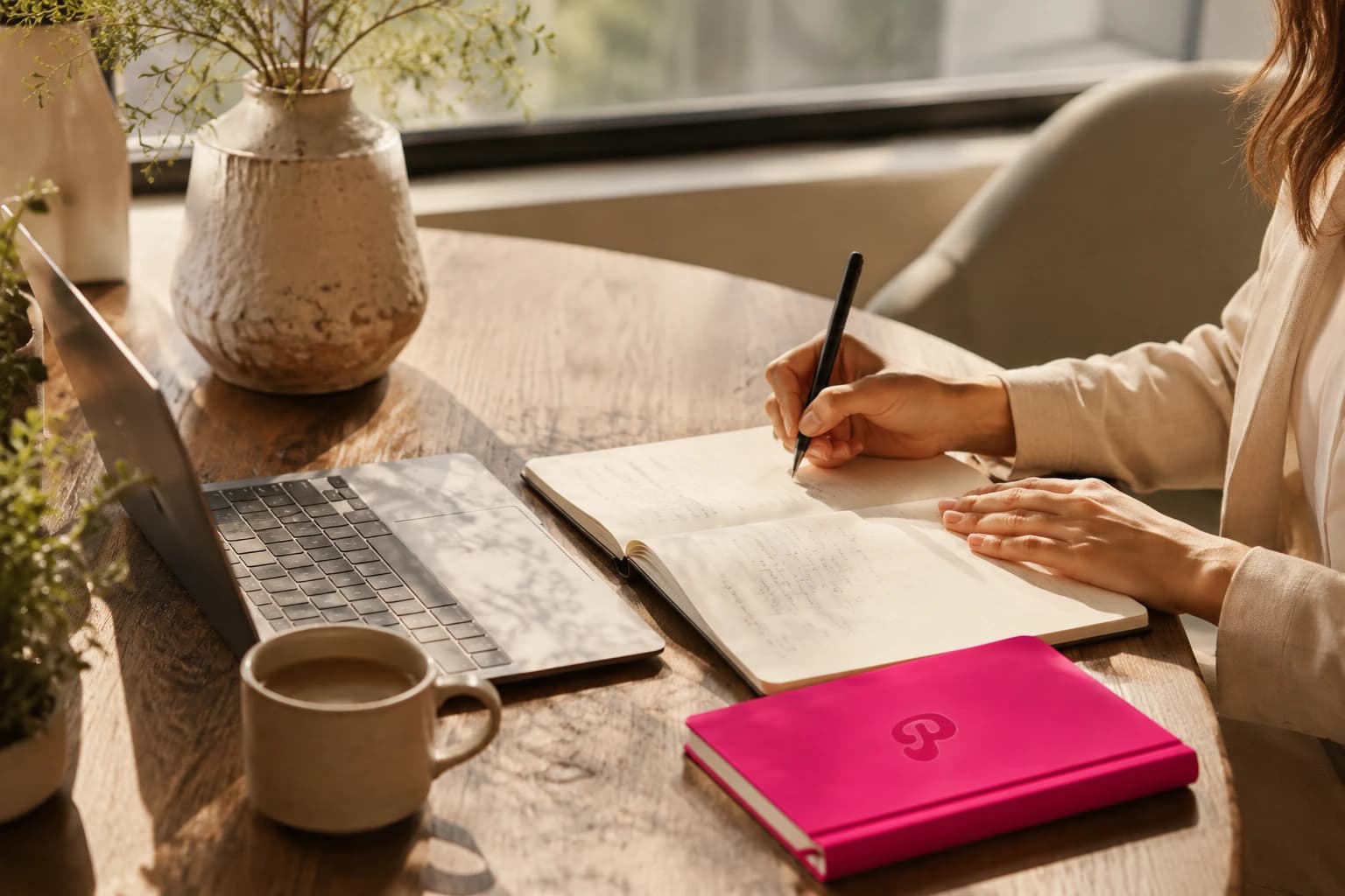 Hands writing notes beside a laptop in golden light, a pink Págame journal on the table