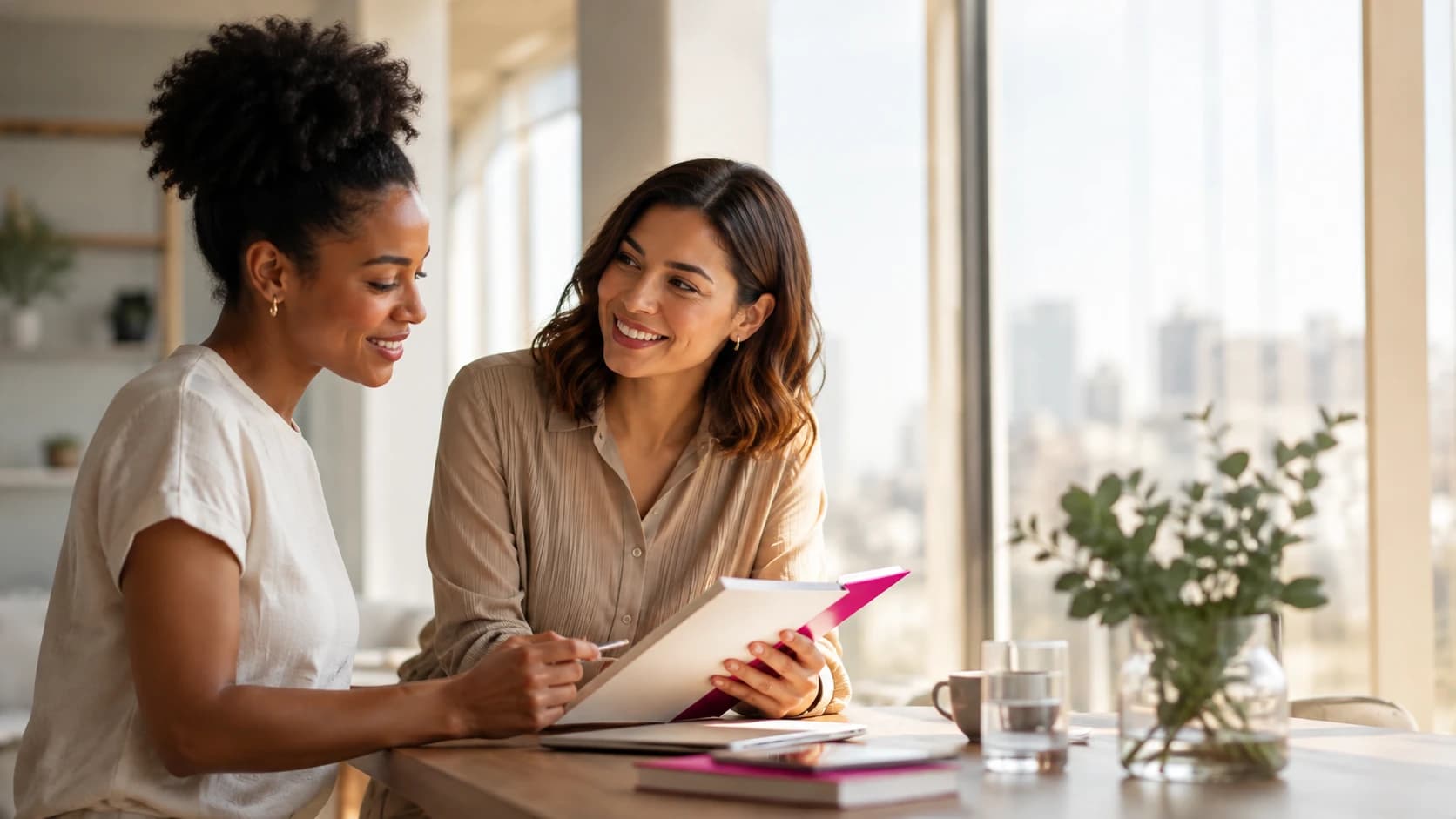 Two women at a sunlit table reviewing a pink folder together, the city soft in the window behind them