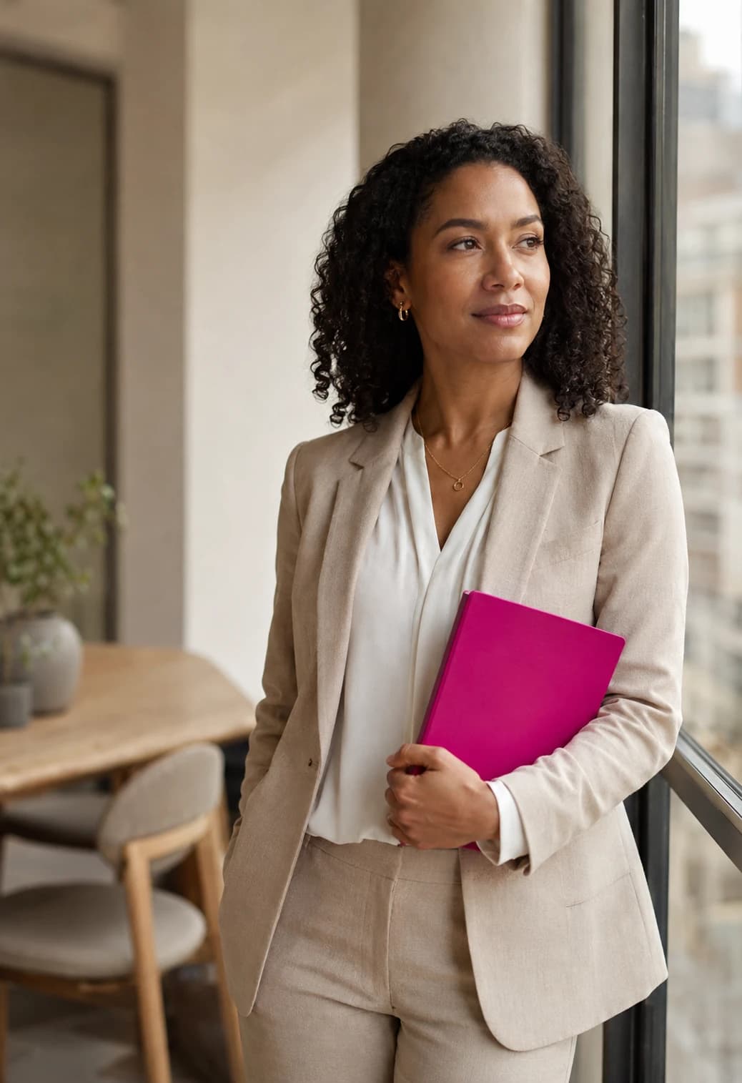 A woman in a warm beige suit by a high window over the city, holding a pink folder