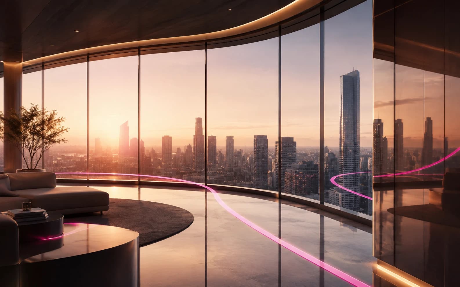 A curved glass room at sunrise above the city, the pink line sweeping across the floor and out through the skyline